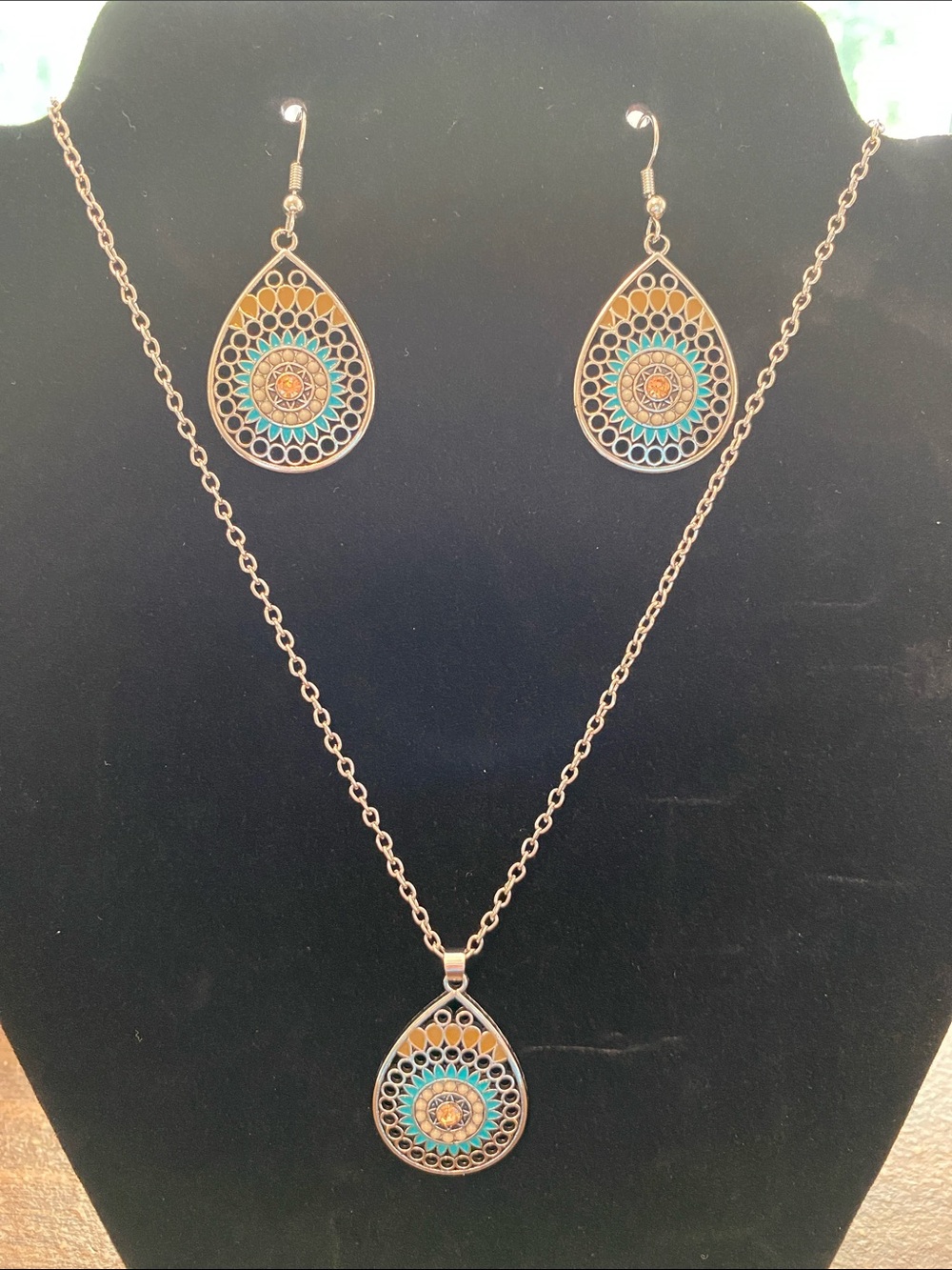 Boho Teardrop Pendant Necklace & Earring Set - Turquoise & Gold w/Silver Chain